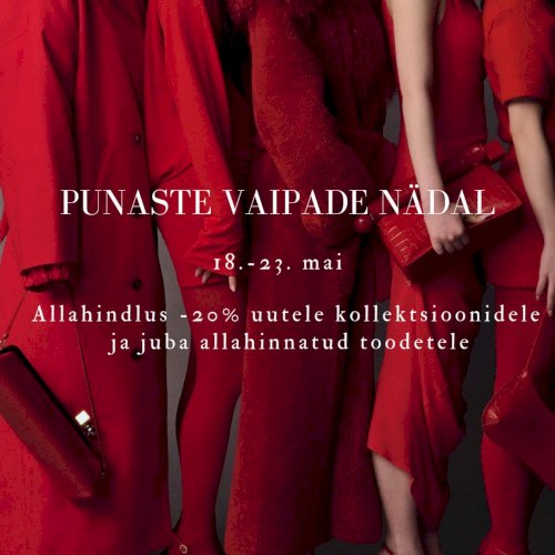 Punaste Vaipade Nädal Maximalistis. 18.-23. mai allahindlus -20% uutele kollektsioonidele ja
juba allahinnatud toodetele lisandub -20%.
Soodustus kehtib ka Maximalistshop e-poes. Kasutage sooduskoodi: punased20 Punaste Vaipade Nädal Maximalistis. 18.-23. mai allahindlus -20% uutele kollektsioonidele ja
juba allahinnatud toodetele lisandub -20%.
Soodustus kehtib ka Maximalistshop e-poes. Kasutage sooduskoodi: punased20