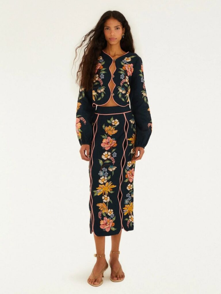 Maira Floral Dark Blue Wavy Midi Skirt