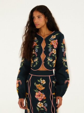 Maira Floral Dark Blue Wavy Long Sleeve Top