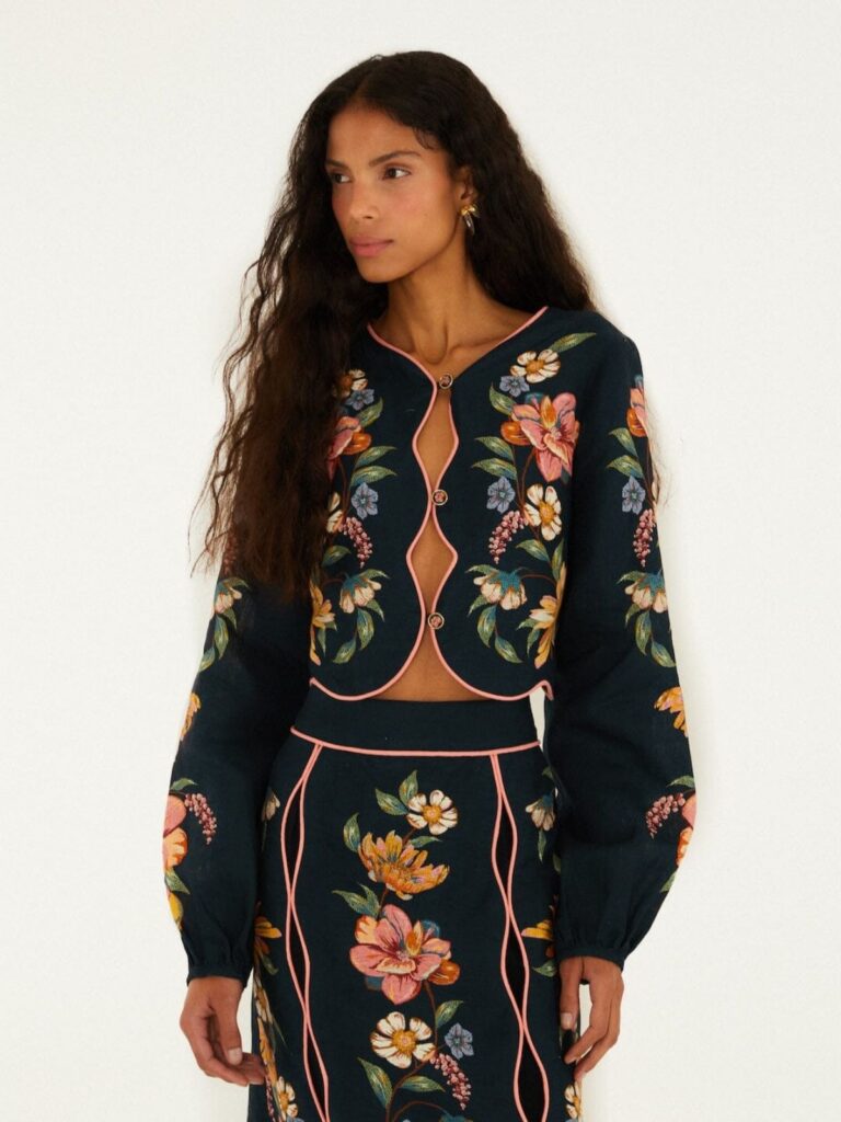 Maira Floral Dark Blue Wavy Long Sleeve Top