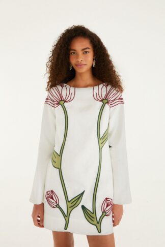Flower embroidered long sleeve mini dress